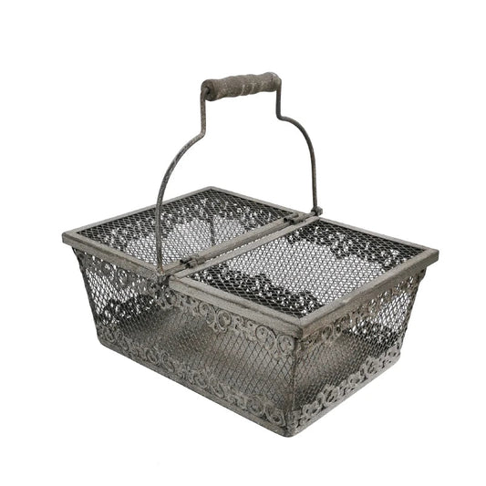 Vintage Metal Wire Storage Basket with Wooden Handle & Lid