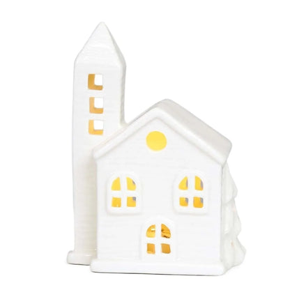 White Ceramic LED House & Star Lights | Battery-Operated Christmas Ornaments