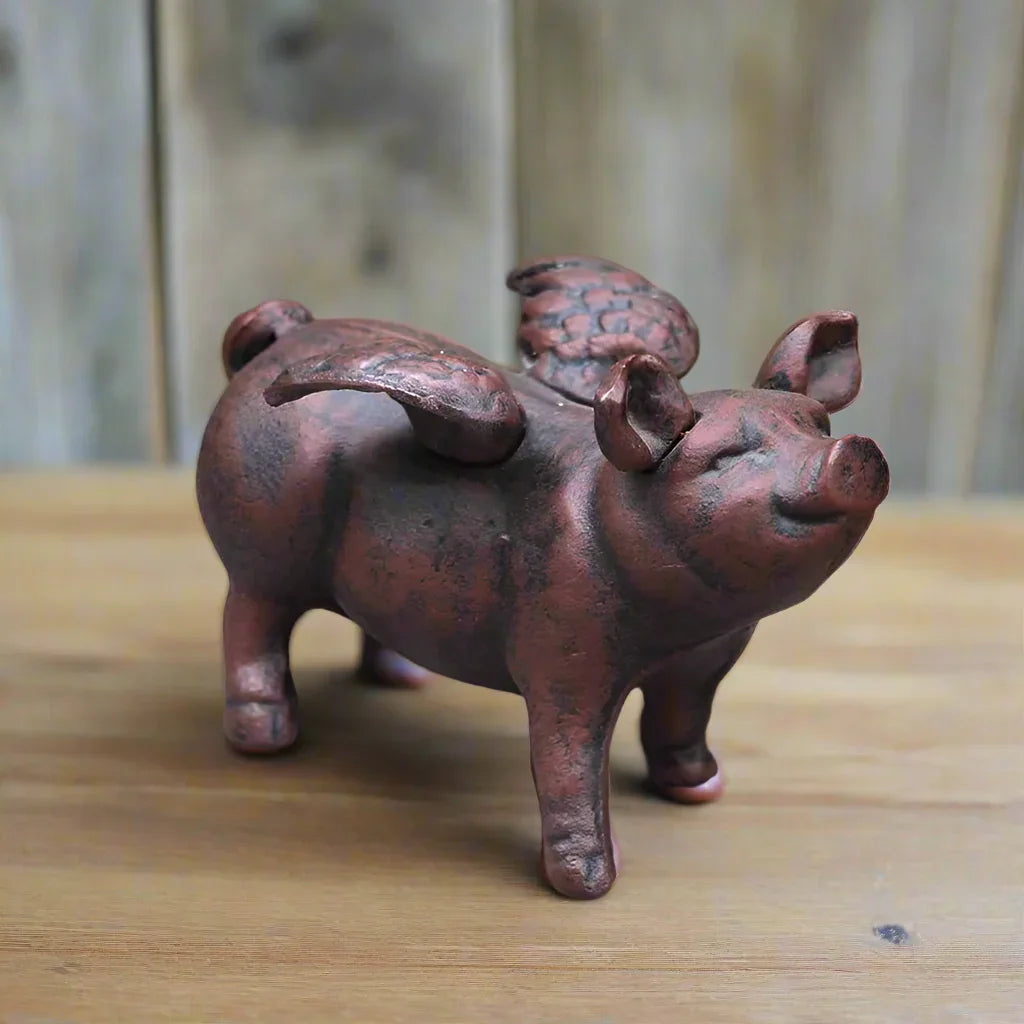 Flying Pig Ornament Vintage Brown Cast Iron