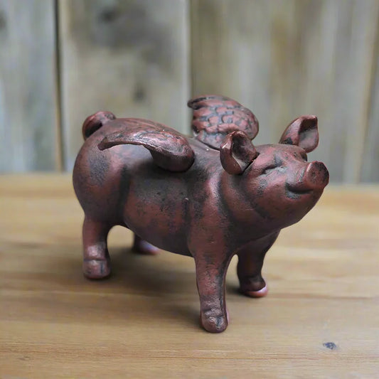 Flying Pig Ornament Vintage Brown Cast Iron