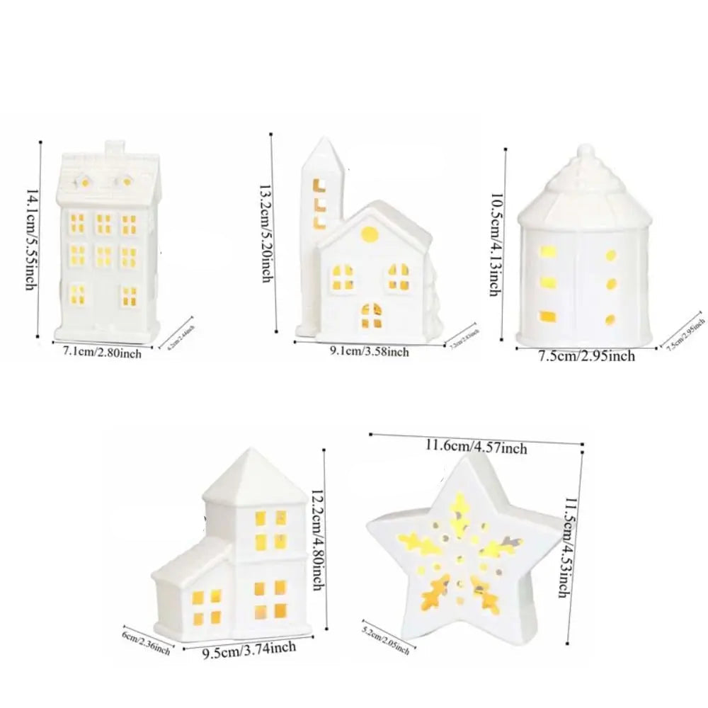 White Ceramic LED House & Star Lights | Battery-Operated Christmas Ornaments