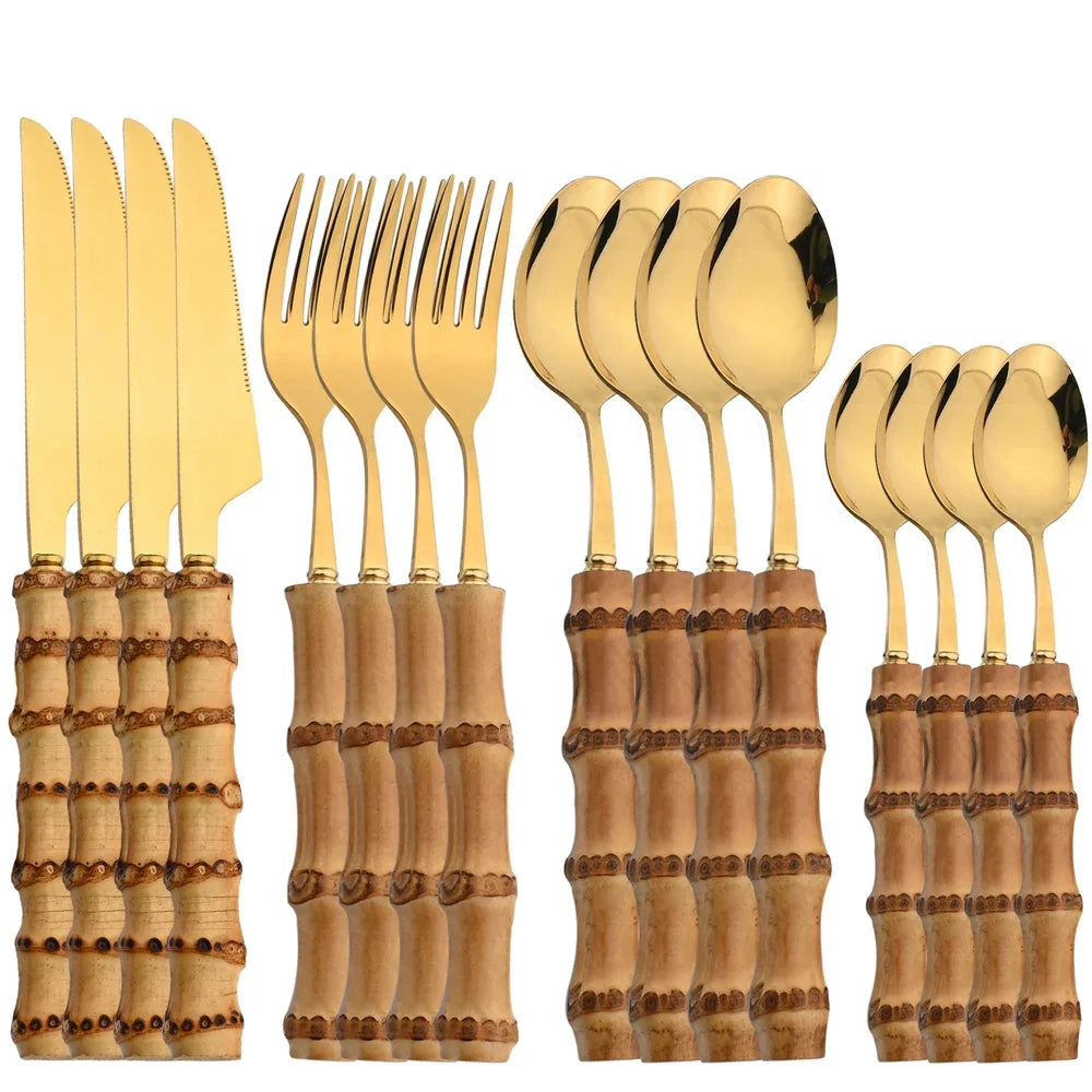 Bamboo Handle Cutlery Set 16 Piece Stainless Steel