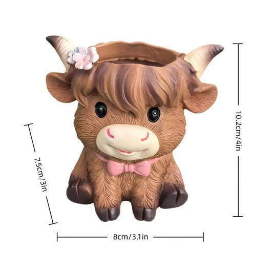 Highland Cow Planter Pot | Cute Sitting Resin Flower Pot with Drainage | Farmhouse Garden & Desk Decor