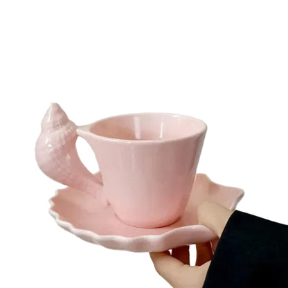 Conch Shell Ceramic Coffee Cup & Saucer | White or Pink Coastal Mug