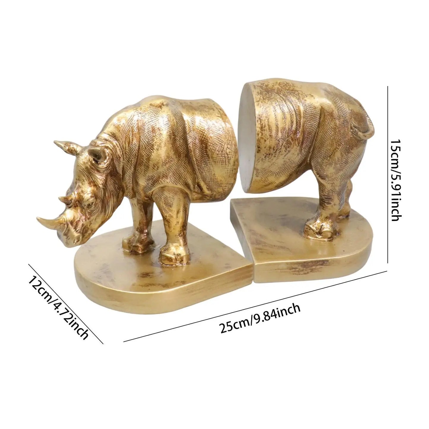 Rhino Bookends Gold Decorative Resin Rhinoceros Book Ends Pair 25x12x15cm