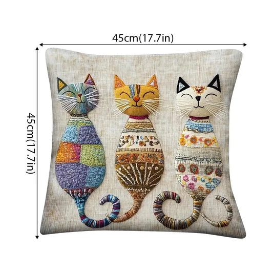 Cute Cat Cushion Cover | 3 Cats Patchwork Print | Sofa & Home Decor | 45x45cm