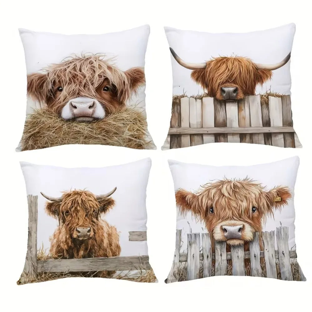 Highland Cow Cushion Cover Set of 4 | Rustic Farmhouse Decor