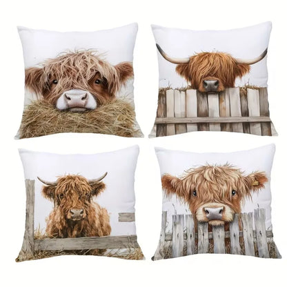 Highland Cow Cushion Cover Set of 4 | Rustic Farmhouse Decor