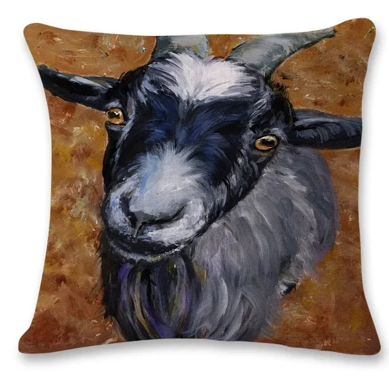 Farm Animal Oil Painting Cushion Cover | Cow & Goat Portrait | Farmhouse Gift