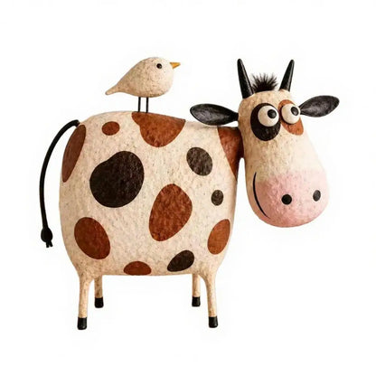 Rustic Cow Figurine with Little Bird | Handcrafted Resin Folk Art Cow Statue | Farmhouse Country Shelf & Desk Decor