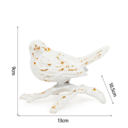 Cast Iron Wren Bird Sculpture | Rustic Bird Ornament on Branch | Farmhouse Garden & Home Decor | White or Brown