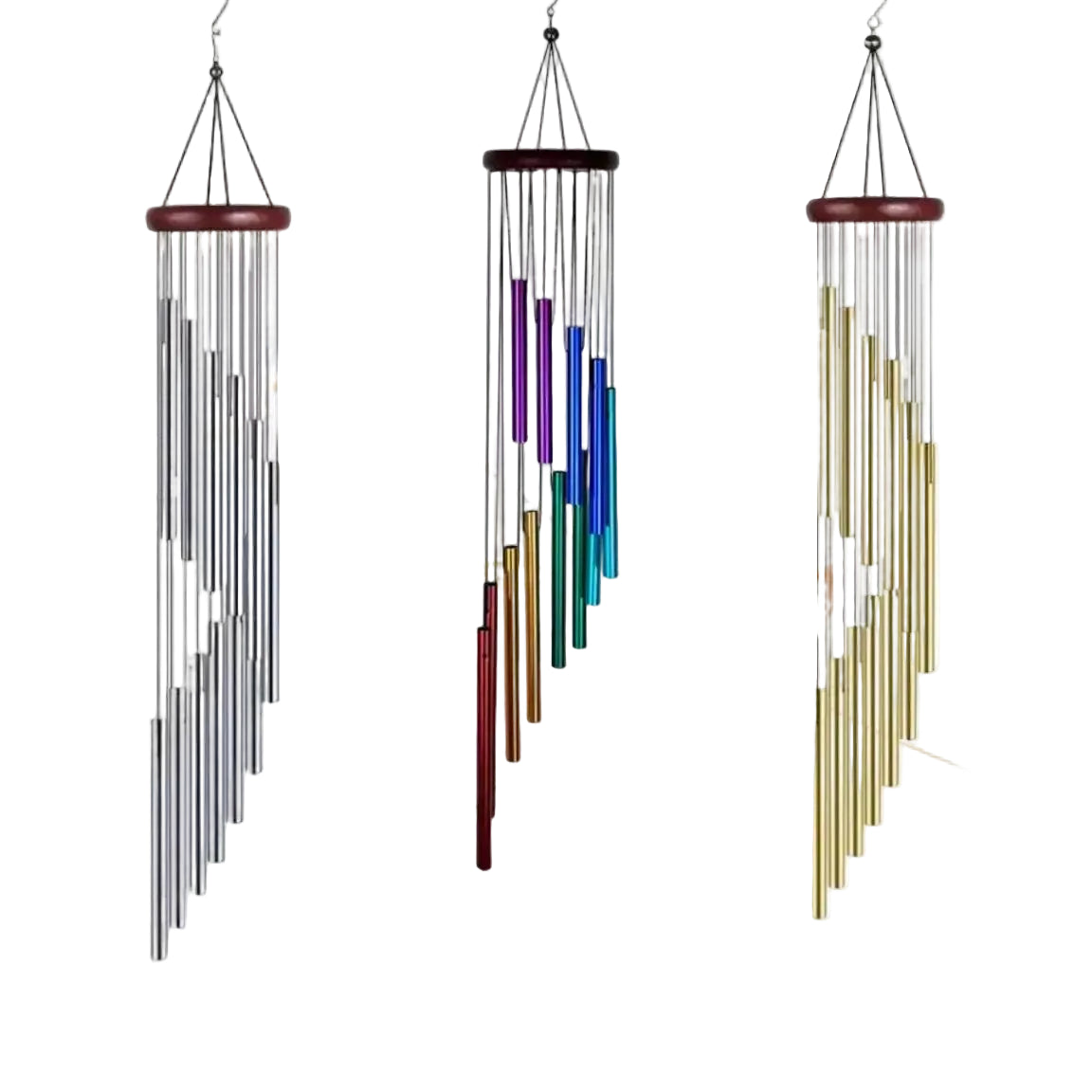 Three wind chimes with colorful tubes on a white background