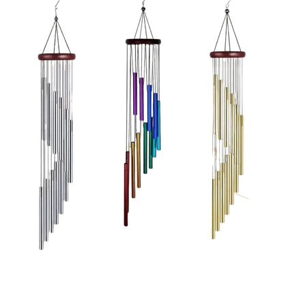 Three wind chimes with colorful tubes on a white background