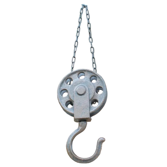 Cast Iron Pulley Hook with Chain — Antique Farmhouse Wall Hook — Small & Large