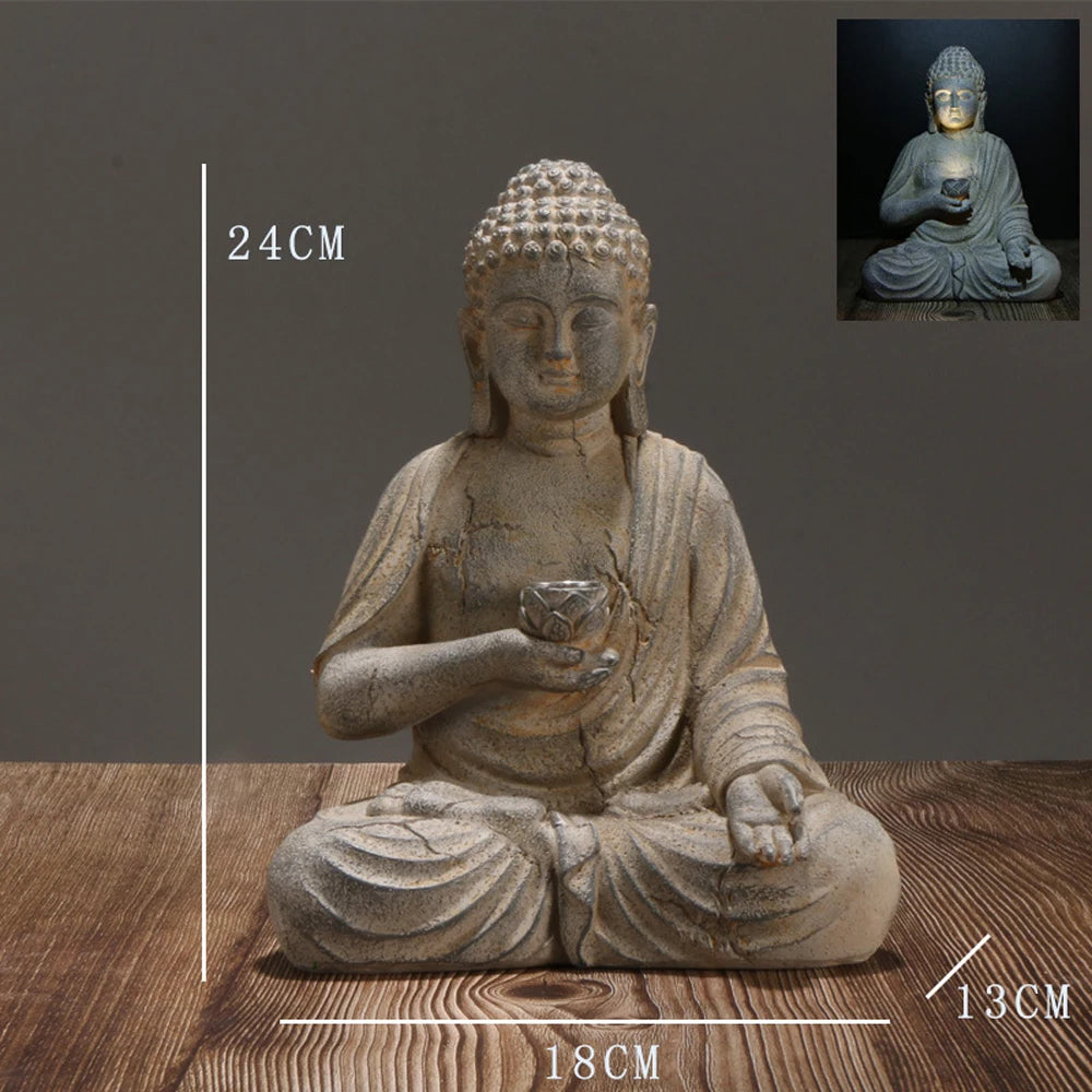 Solar Buddha Statue Garden Decor Resin Zen Sculpture 18x13x24cm Outdoor Indoor
