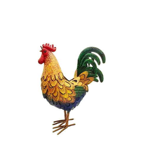 Metal Rooster Garden Statue 41cm | Hand-Painted Colourful Iron Chicken Sculpture | Outdoor Garden, Yard, Lawn & Patio Ornament