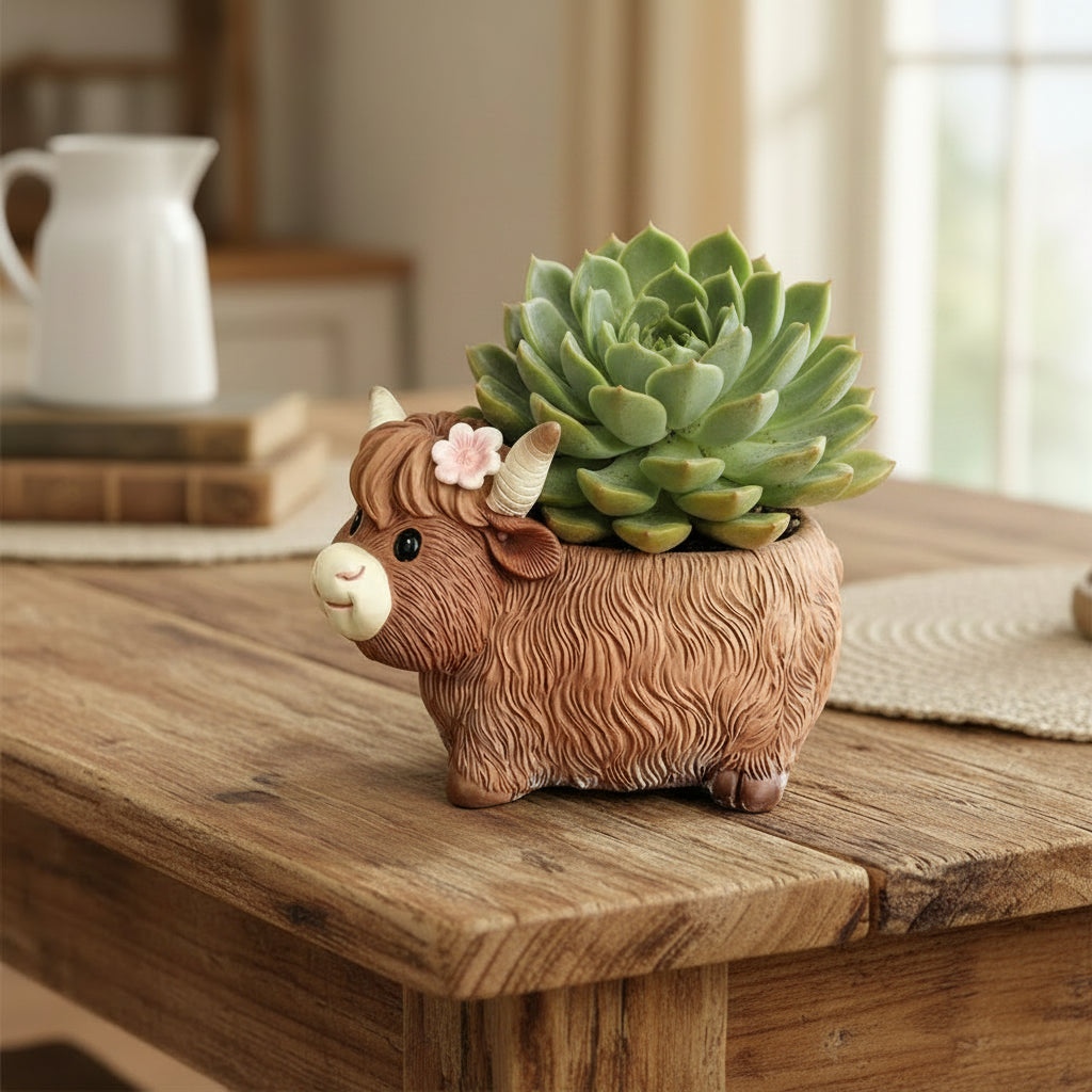 Highland Cow Daisy Resin Planter Pot with Drainage Hole | Cute Indoor Outdoor Succulent Pot