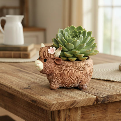 Highland Cow Daisy Resin Planter Pot with Drainage Hole | Cute Indoor Outdoor Succulent Pot
