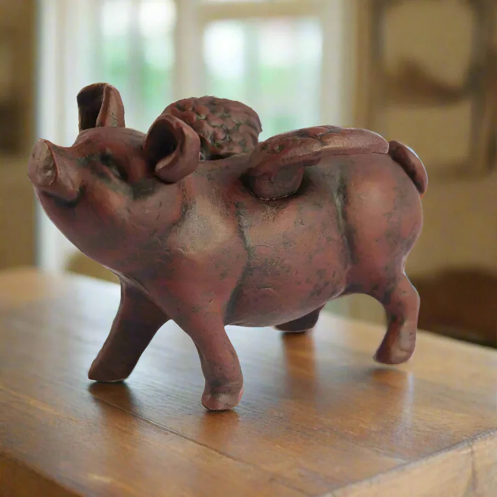 Flying Pig Ornament Vintage Brown Cast Iron