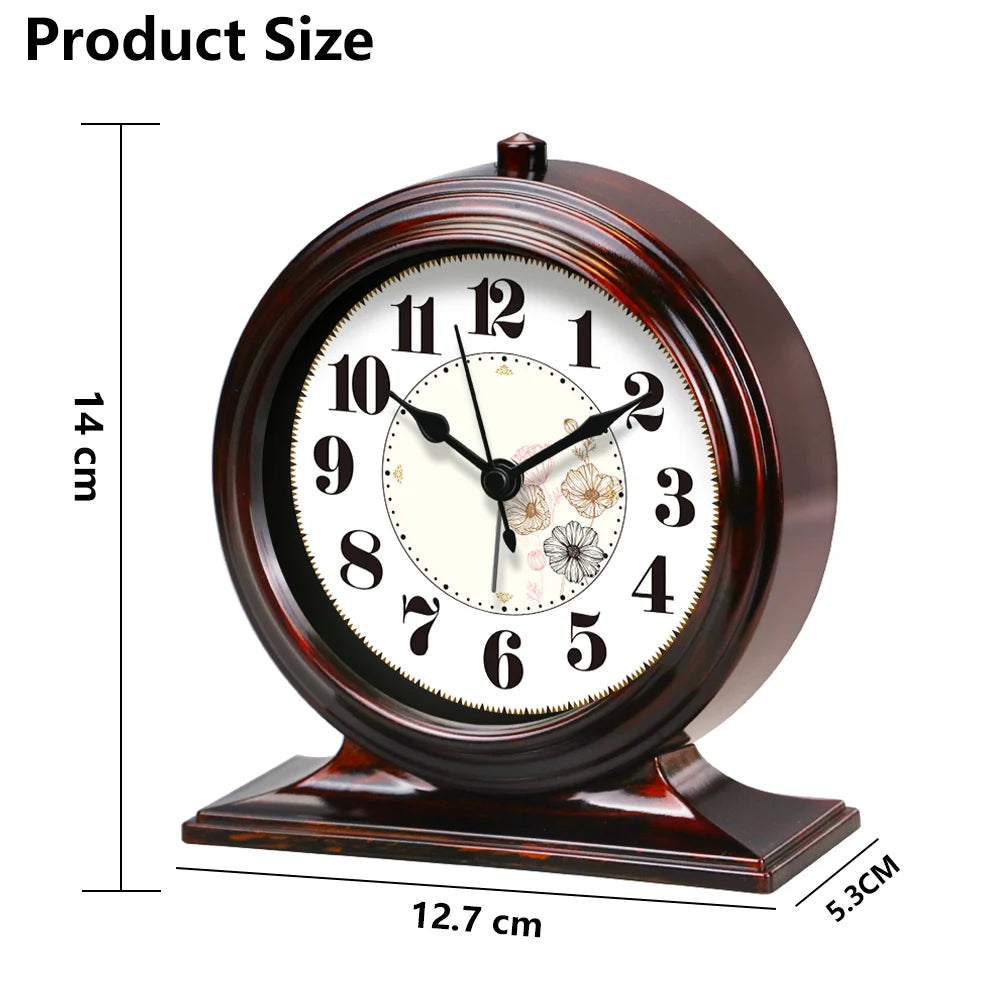 Vintage Dark Brown Floral Desk Clock | Metal Quartz Table Clock