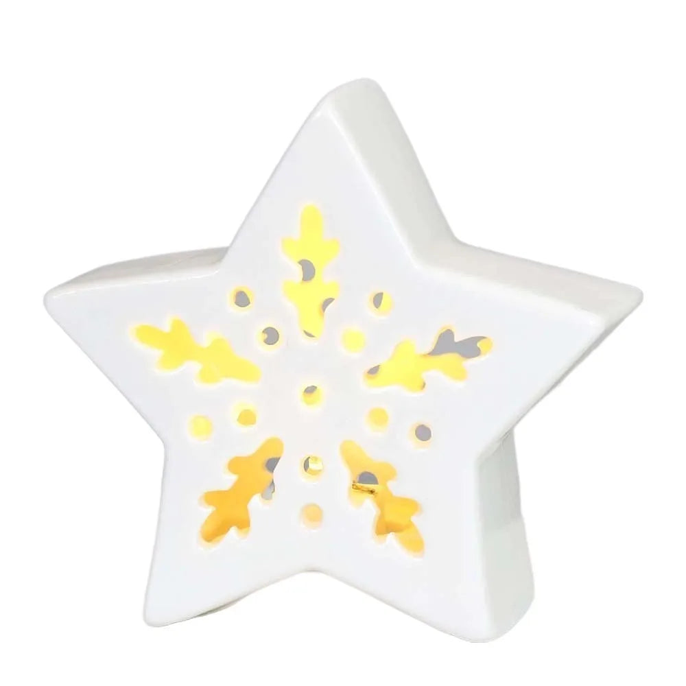 White Ceramic LED House & Star Lights | Battery-Operated Christmas Ornaments