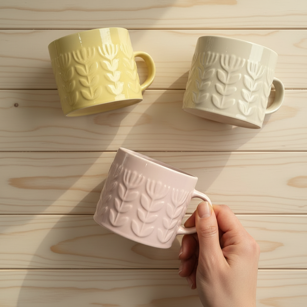 Embossed Floral Ceramic Mug Cup 400ml | Pink Beige or Mustard Yellow Coffee Cup