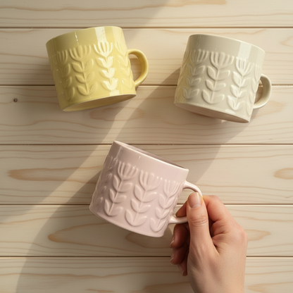Embossed Floral Ceramic Mug Cup 400ml | Pink Beige or Mustard Yellow Coffee Cup
