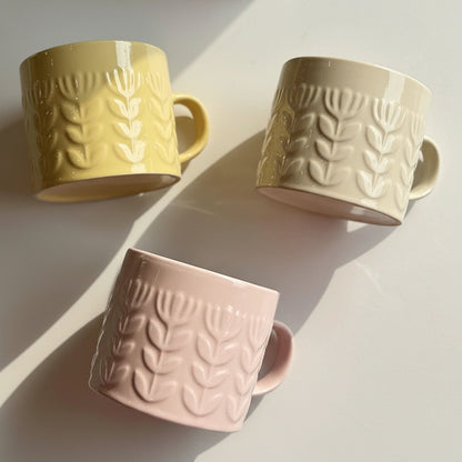Embossed Floral Ceramic Mug Cup 400ml | Pink Beige or Mustard Yellow Coffee Cup