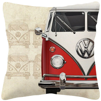 VW Beetle & Kombi Van Cushion Cover | Retro Vintage Car Art | Linen or Plush | 45x45cm