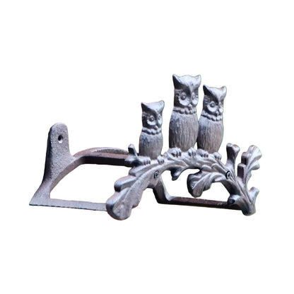 Cast Iron Three Owls Garden Hose Holder — Vintage Rustic Wall Mounted Water Pipe Rack