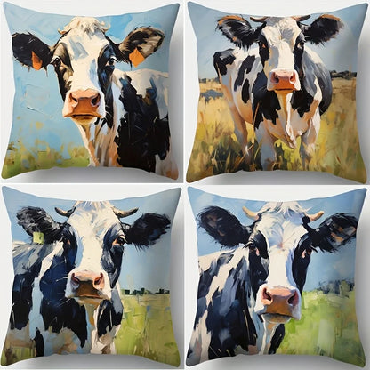 Holstein Cow Cushion Cover Set of 4 | Farmhouse Meadow Print | Throw Pillow Covers