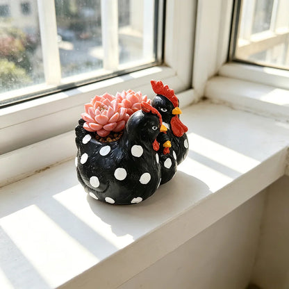 Polka Dot Chicken Planter Pot | Black or White | Resin Succulent Planter | Farmhouse Decor