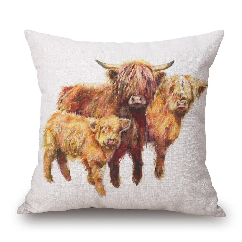 Highland Cow Cushion Covers | Watercolour Art | Mother & Calf, Family, Portrait | Farmhouse Sofa Pillow