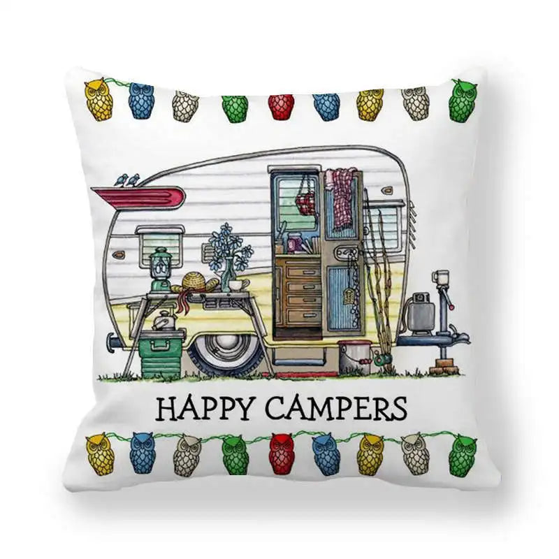 Happy Campers Cushion Cover Camping Caravan Motorhome