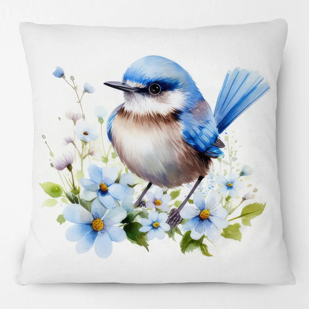 Blue Wren Cushion Cover 45x45cm | Watercolour Bird & Wildflower Pillow Cover | Australian Country Farmhouse Decor