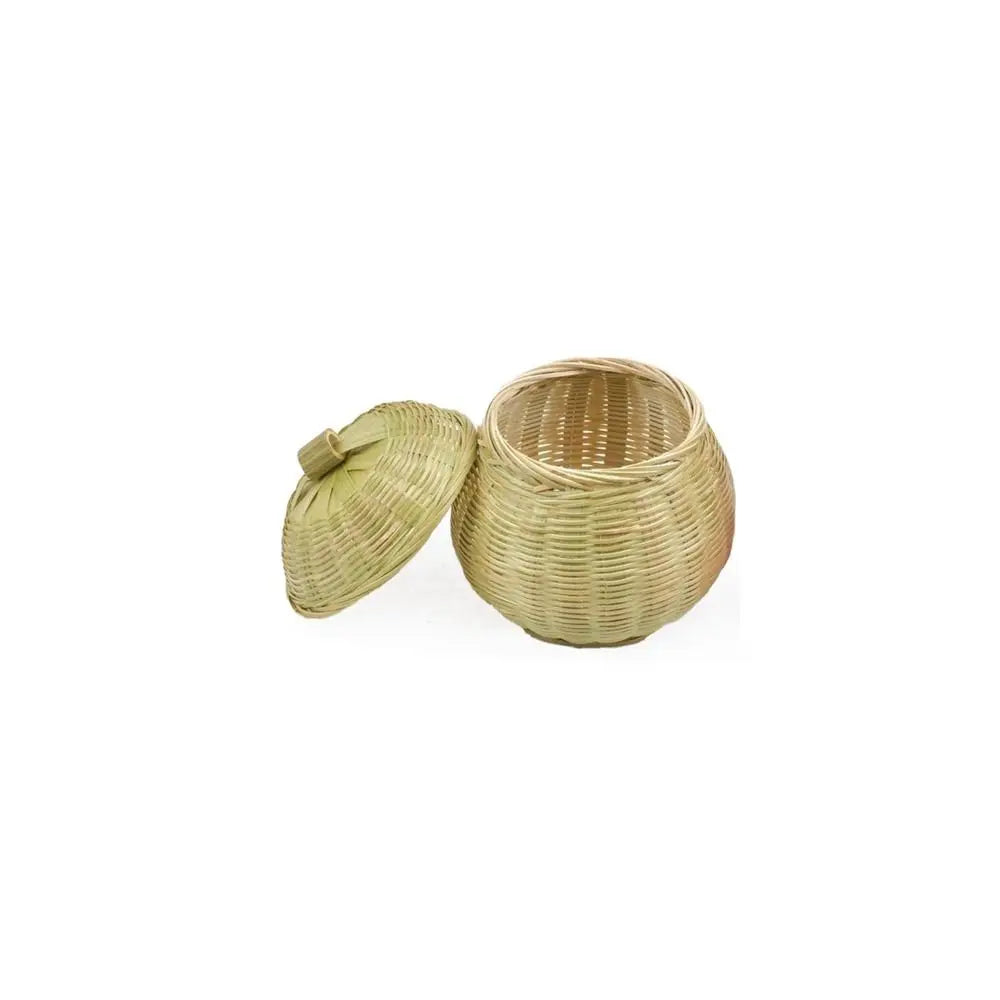 Round Lidded Bamboo Rattan Storage Basket | Hand-Woven Wicker Box with Lid | Fruit, Bread, Picnic | 4 Sizes