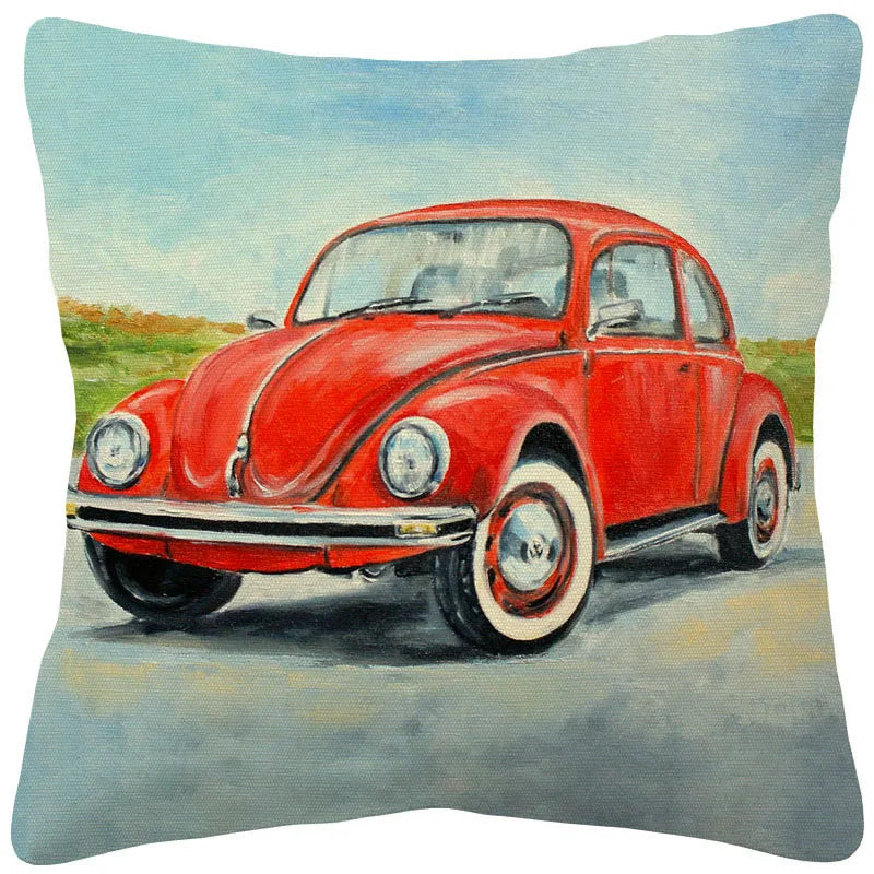VW Beetle & Kombi Van Cushion Cover | Retro Vintage Car Art | Linen or Plush | 45x45cm