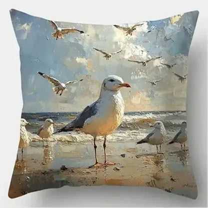 Seagull Beach Coastal Art Cushion Covers | Oil Painting Print Pillow Cases | Hamptons Decor