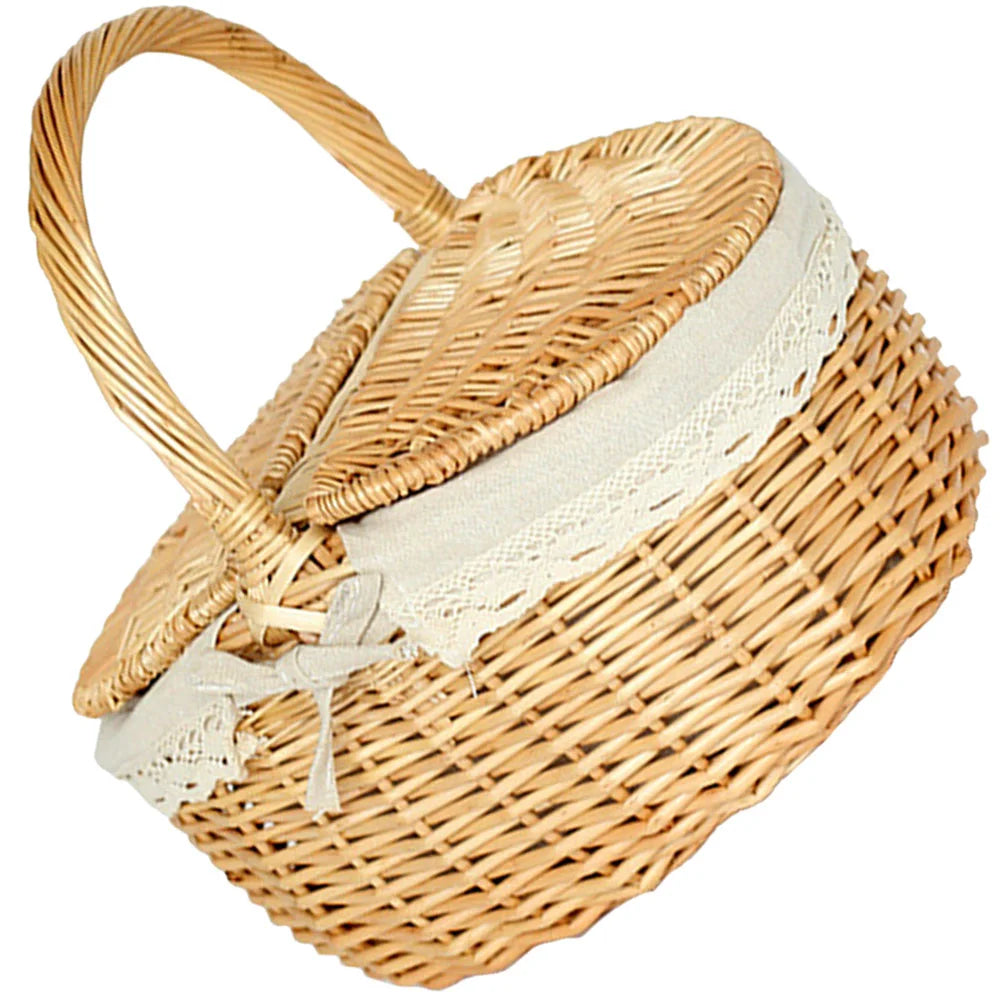 Hand-Woven Wicker Basket with Lid - Multi-Function Picnic Storage Basket