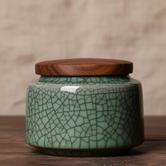 Celadon Ceramic Storage Jar with Wooden Lid — Tea, Jewellery & Trinket Box