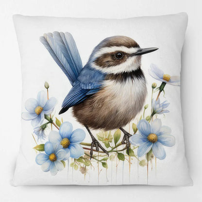 Blue Wren Cushion Cover 45x45cm | Watercolour Bird & Wildflower Pillow Cover | Australian Country Farmhouse Decor