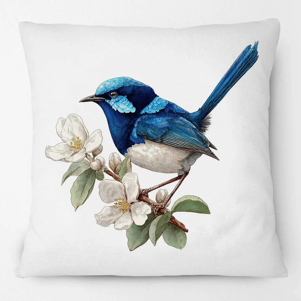 Blue Wren Cushion Cover 45x45cm | Watercolour Bird & Wildflower Pillow Cover | Australian Country Farmhouse Decor