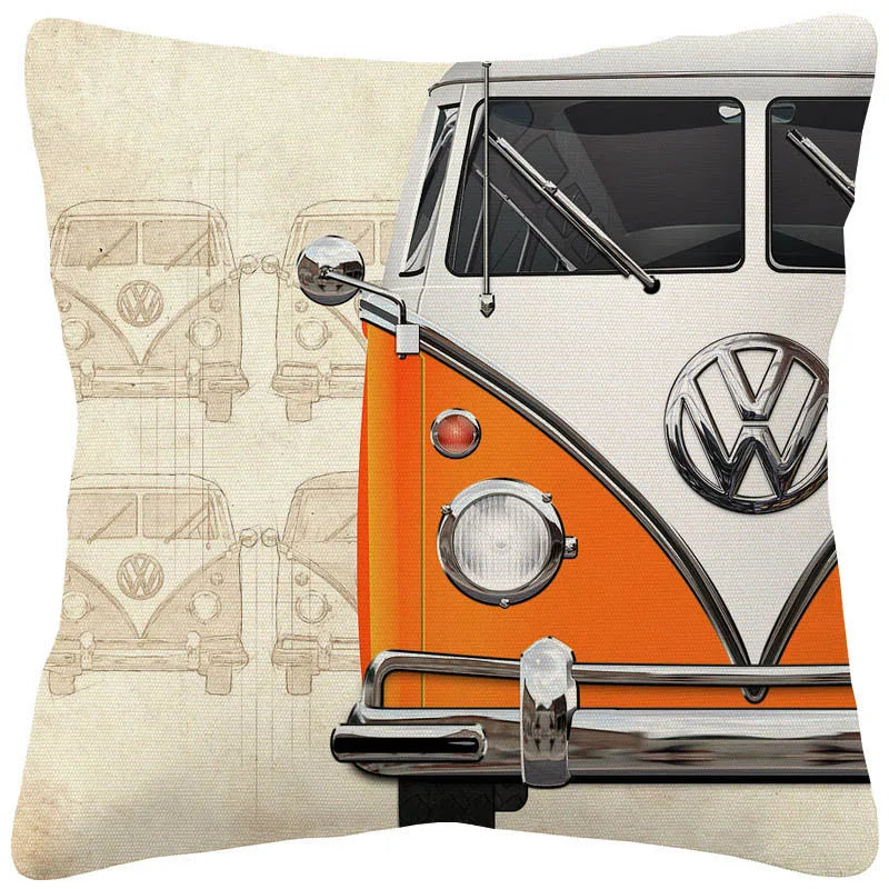 VW Beetle & Kombi Van Cushion Cover | Retro Vintage Car Art | Linen or Plush | 45x45cm