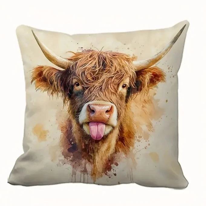 Watercolour Farm Animal Cushion Cover | Highland Cow Pig Sheep Goat | Farmhouse Boho Decor