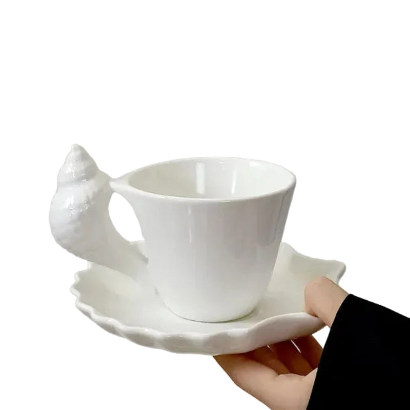 Conch Shell Ceramic Coffee Cup & Saucer | White or Pink Coastal Mug
