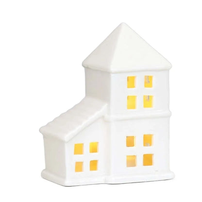 White Ceramic LED House & Star Lights | Battery-Operated Christmas Ornaments