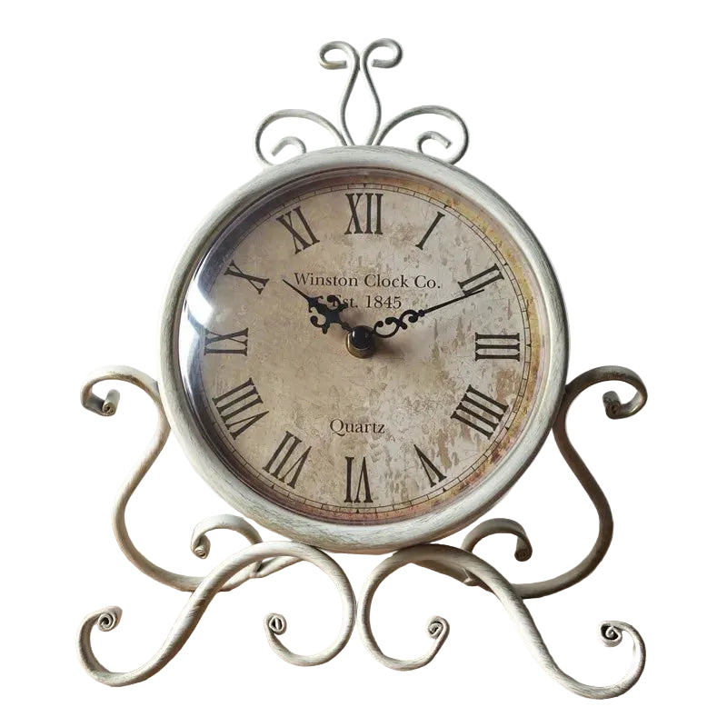 Wrought Iron Desk Clock | Ornate Scrollwork Frame | Silent Quartz | 28cm | Brown or White