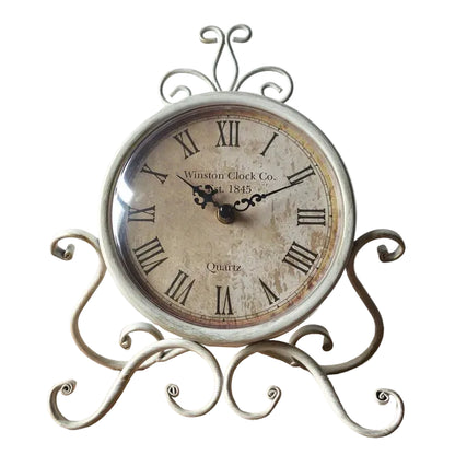 Wrought Iron Desk Clock | Ornate Scrollwork Frame | Silent Quartz | 28cm | Brown or White