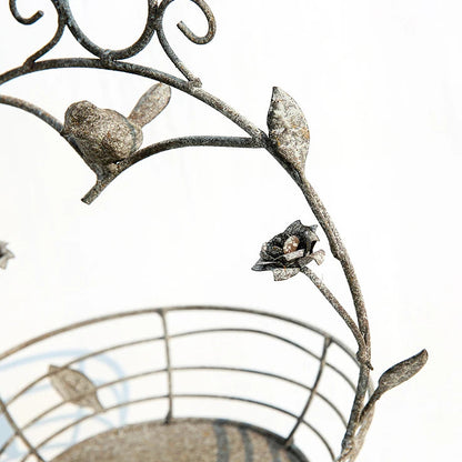 Hanging Wire Basket Planter with Birds & Leaves | Rustic Metal Hanging Flower Basket | Garden Art & Home Decor