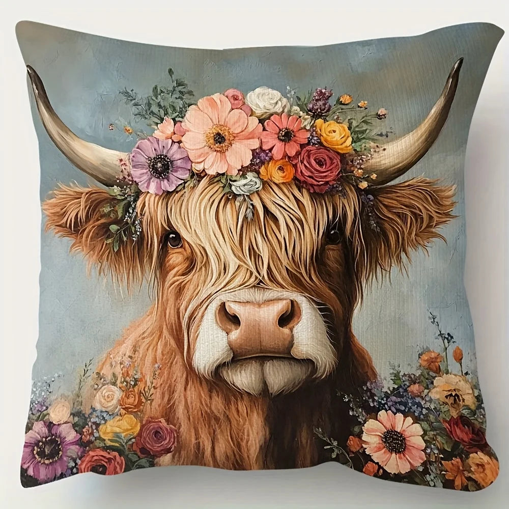 Cushion Cover Boho Cow Floral | Highland Cow Flower Crown Pillow Cover | Home Decor